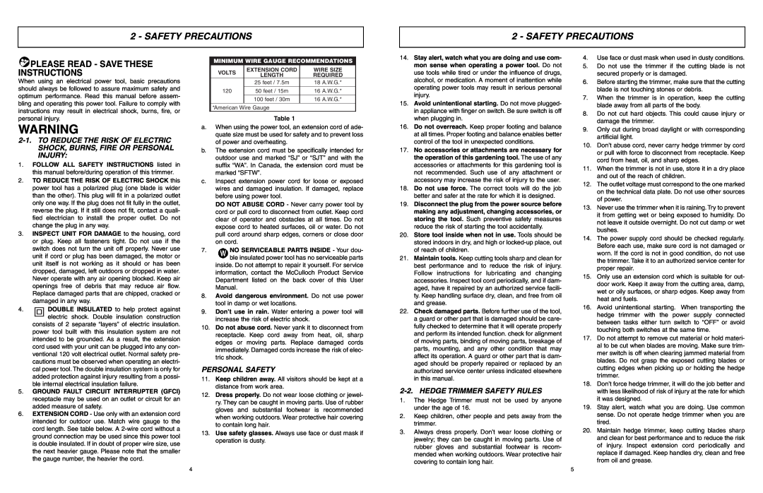 McCulloch MCT203A16 Safety Precautions, Please Read - Save These Instructions, Personal Safety, Hedge Trimmer Safety Rules 
