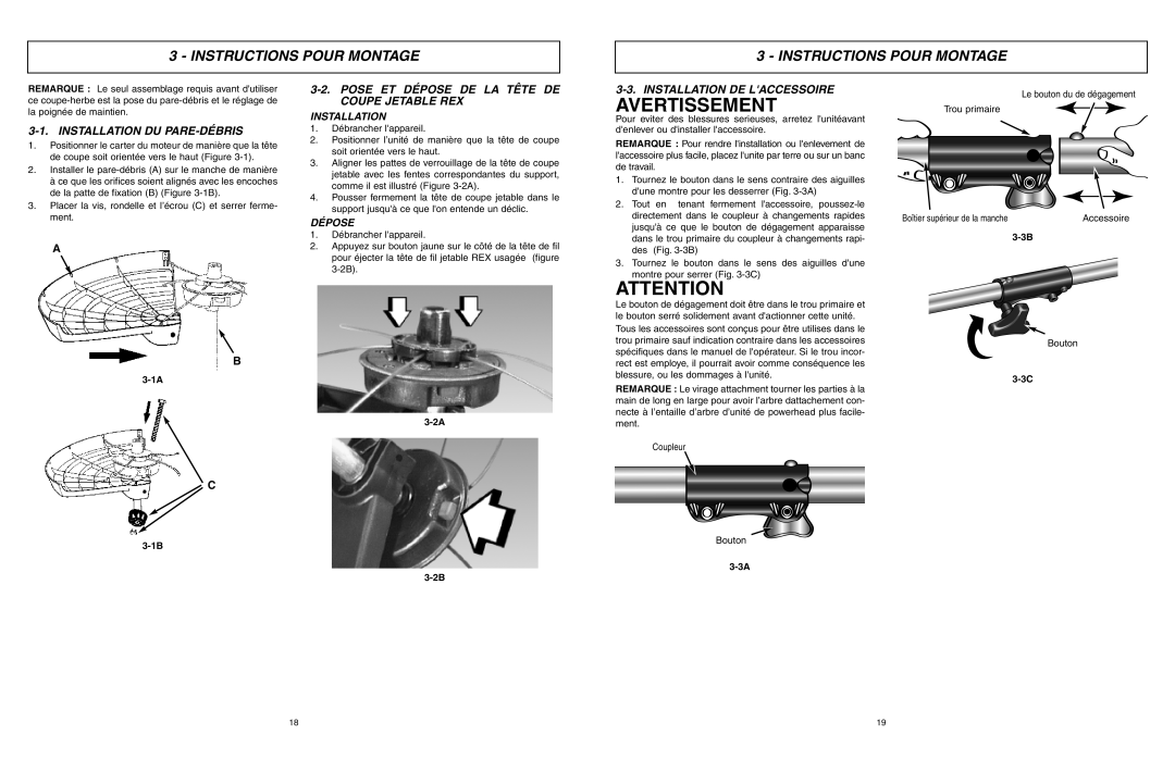 McCulloch MCT2303A Instructions Pour Montage, Installation DU PARE-DÉBRIS, Pose ET Dépose DE LA Tête DE Coupe Jetable REX 