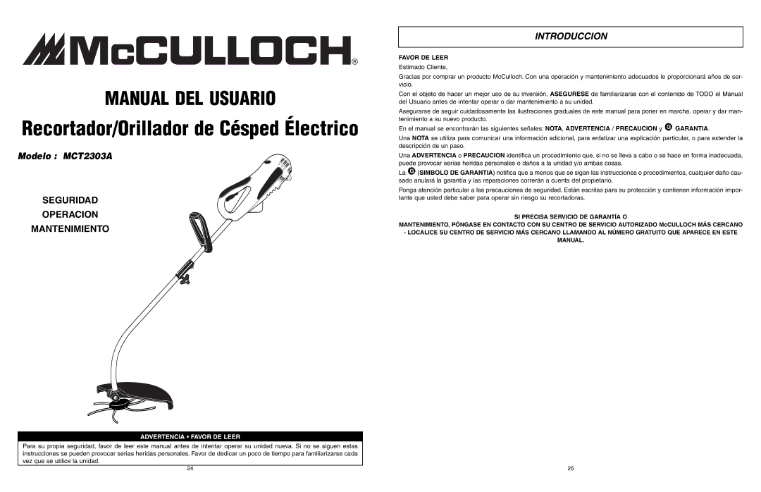 McCulloch MCT2303A user manual Introduccion, Favor DE Leer, SI Precisa Servicio DE Garantía O 