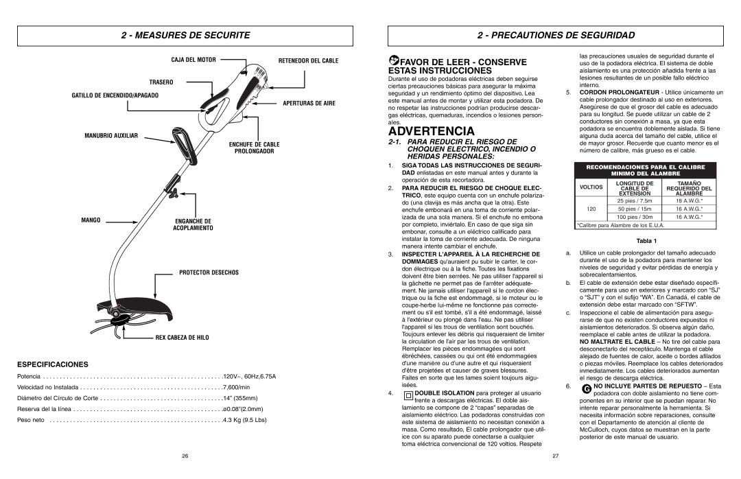 McCulloch MCT2303A user manual Advertencia, Measures DE Securite Precautiones DE Seguridad, Especificaciones 