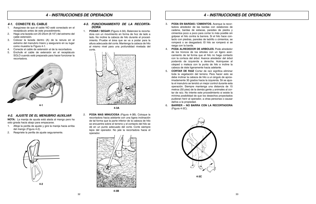 McCulloch MCT2303A user manual Instrucciones DE Operacion, Conecte EL Cable, Ajuste DE EL Menubrio Auxiliar 