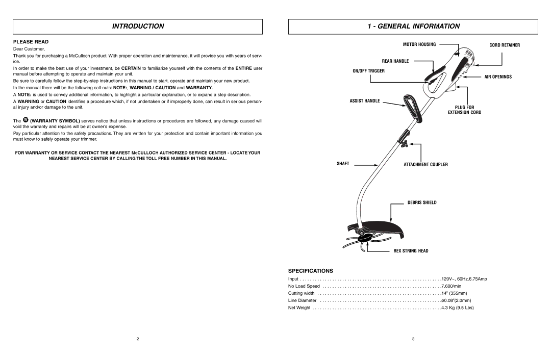 McCulloch MCT2303A user manual Introduction, General Information, Specifications, Debris Shield REX String Head 