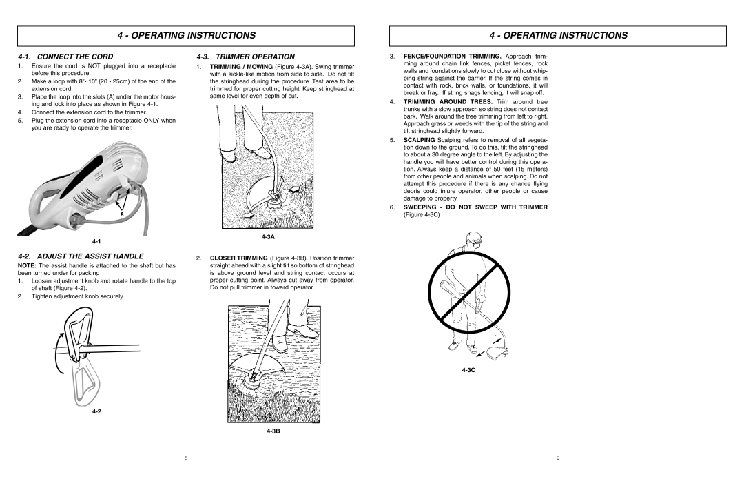 McCulloch MCT2303A user manual Operating Instructions, Connect the Cord, Adjust the Assist Handle, Trimmer Operation 
