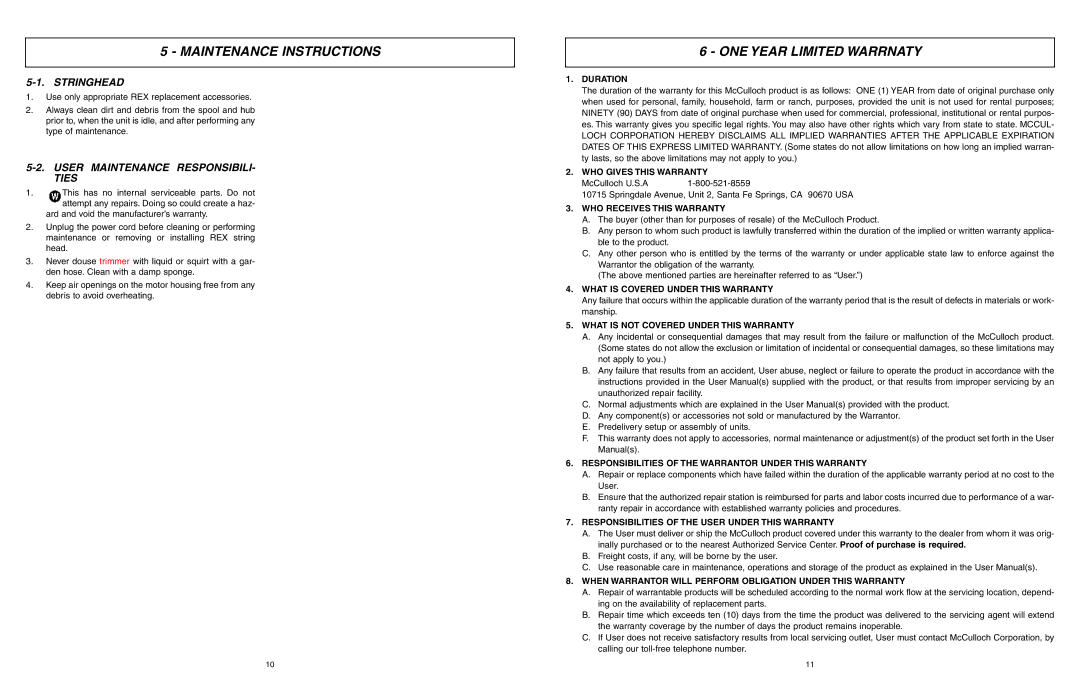 McCulloch MCT2303A Maintenance Instructions, ONE Year Limited Warrnaty, Stringhead, User Maintenance RESPONSIBILI- Ties 