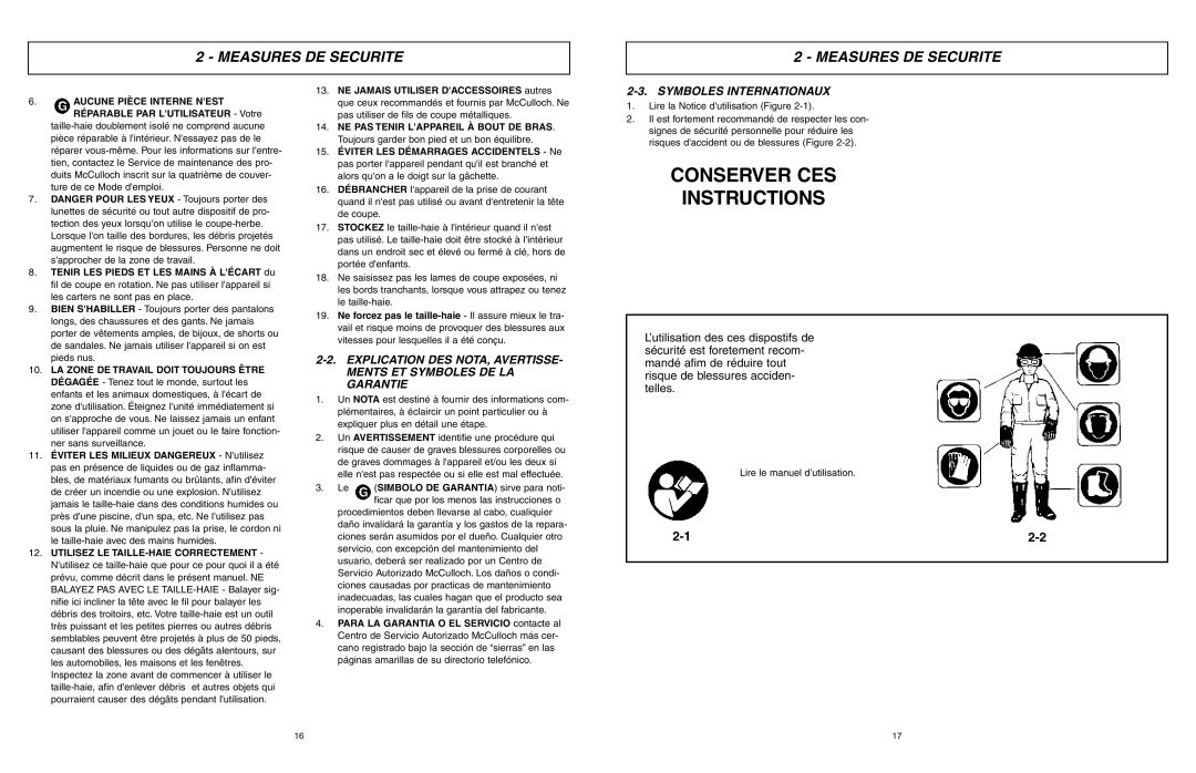 McCulloch MCT2303A user manual Conserver CES Instructions, Symboles Internationaux 