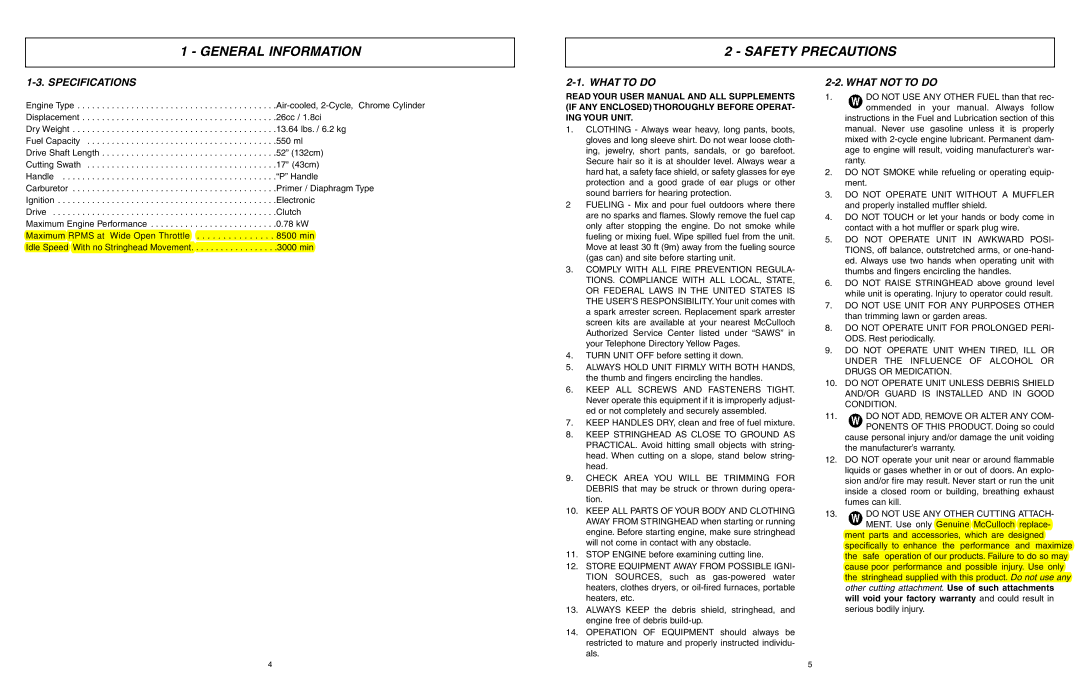 McCulloch MCT3362VB user manual Safety Precautions, Specifications, What to do, What not to do 