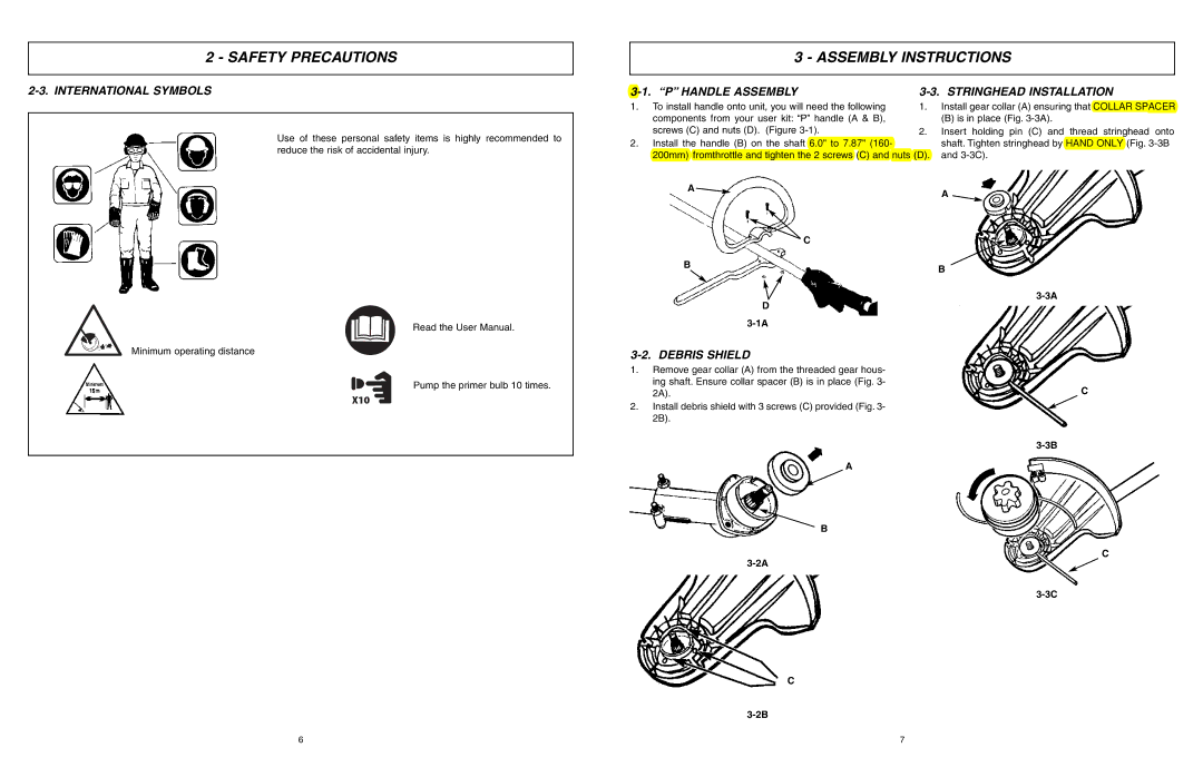 McCulloch MCT3362VB Assembly Instructions, International Symbols, Handle Assembly Stringhead Installation, Debris Shield 