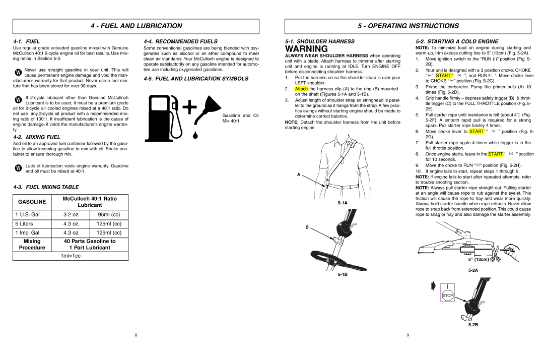 McCulloch MCT3362VB user manual Fuel and Lubrication Operating Instructions 