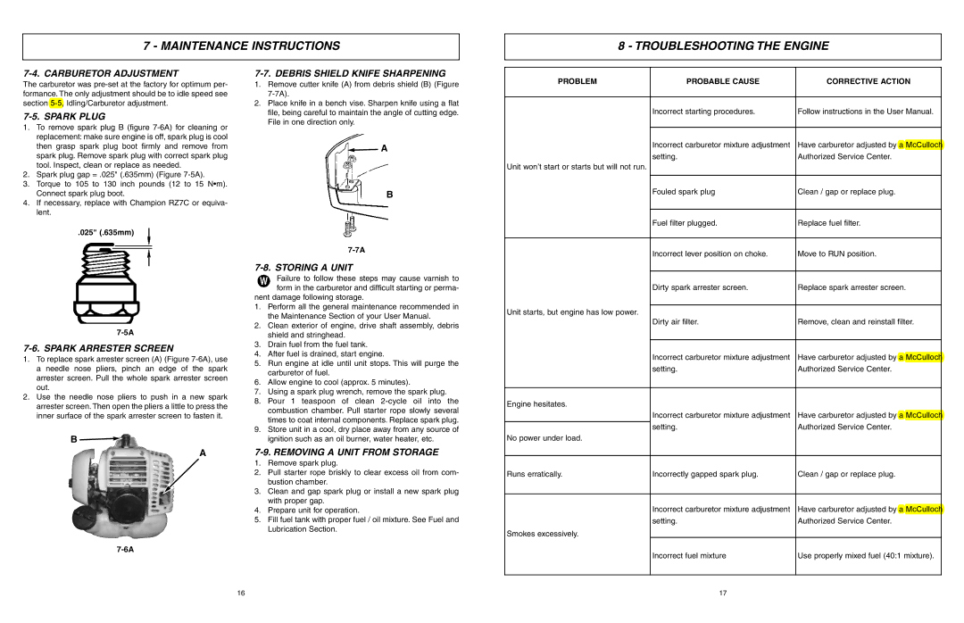 McCulloch MCT3362VB user manual Maintenance Instructions Troubleshooting the Engine 