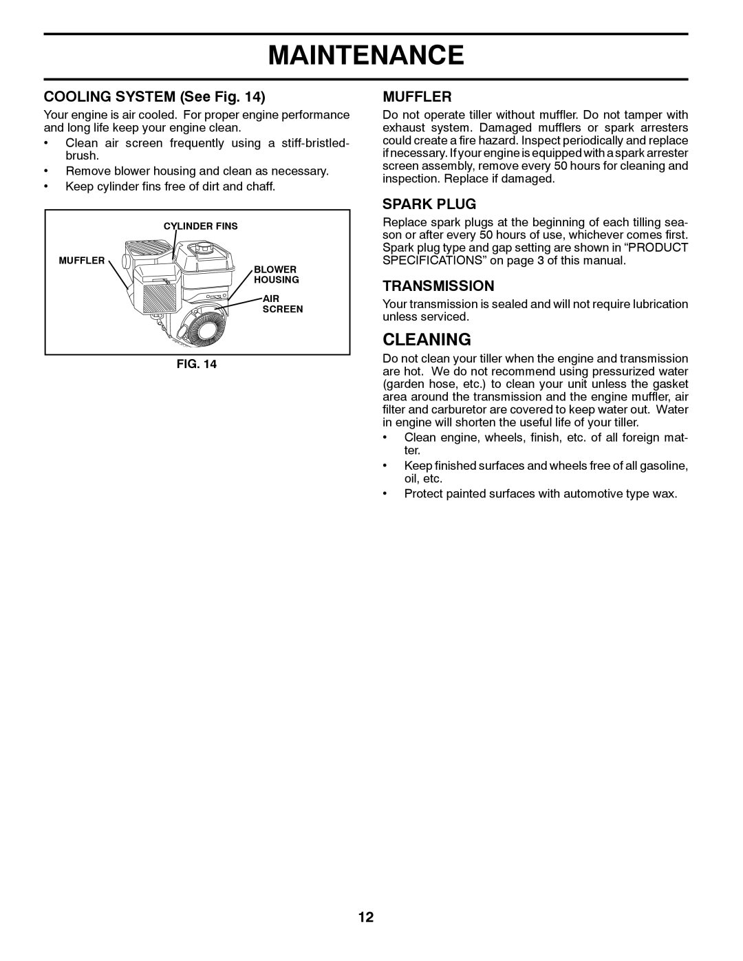 McCulloch MFT55 owner manual Cleaning, Cooling System See Fig, Muffler, Spark Plug, Transmission 