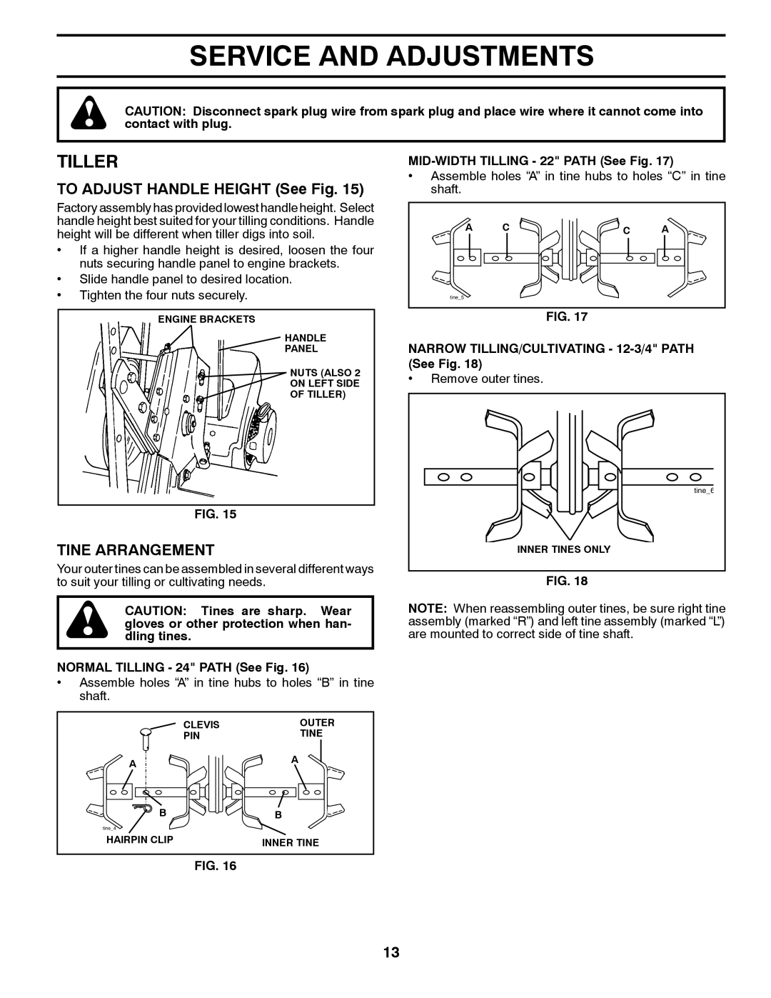 McCulloch MFT55 owner manual Service and Adjustments, Tiller, To Adjust Handle Height See Fig, Tine Arrangement 