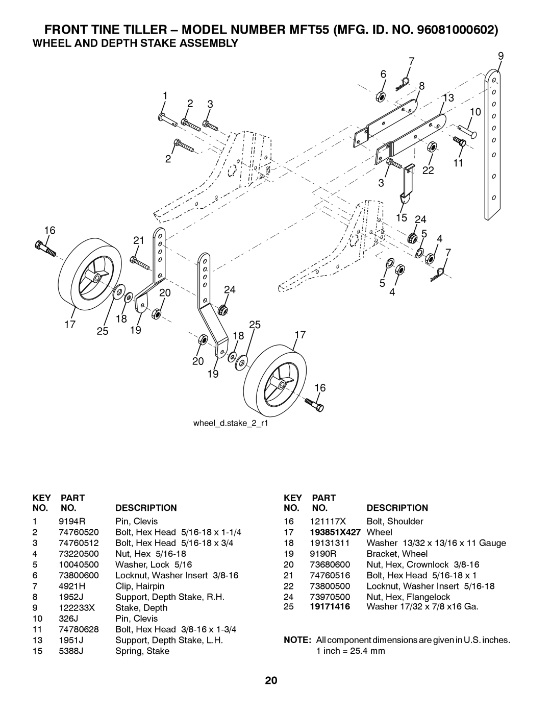 McCulloch MFT55 owner manual Wheel and Depth Stake Assembly, 193851X427, 19171416 