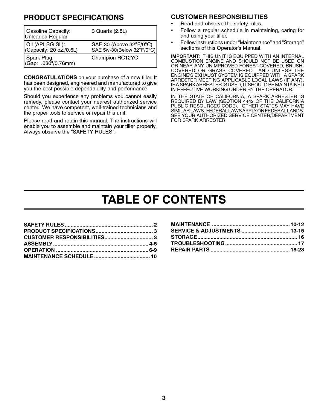 McCulloch MFT55 owner manual Table of Contents 