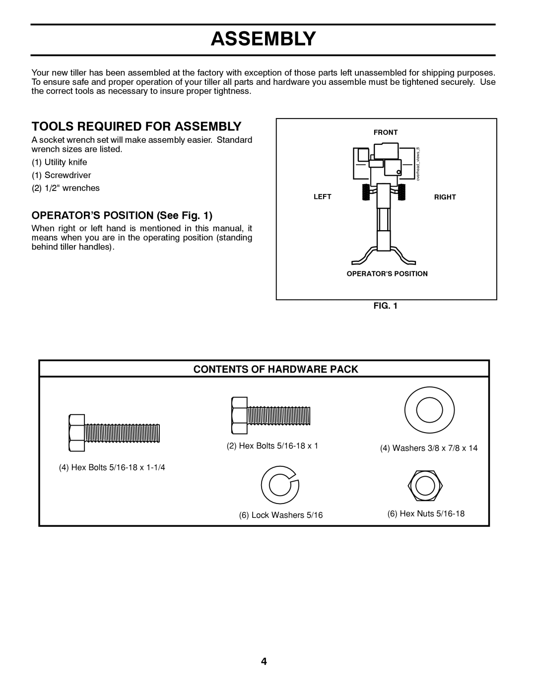 McCulloch MFT55 owner manual Tools Required for Assembly, OPERATOR’S Position See Fig 