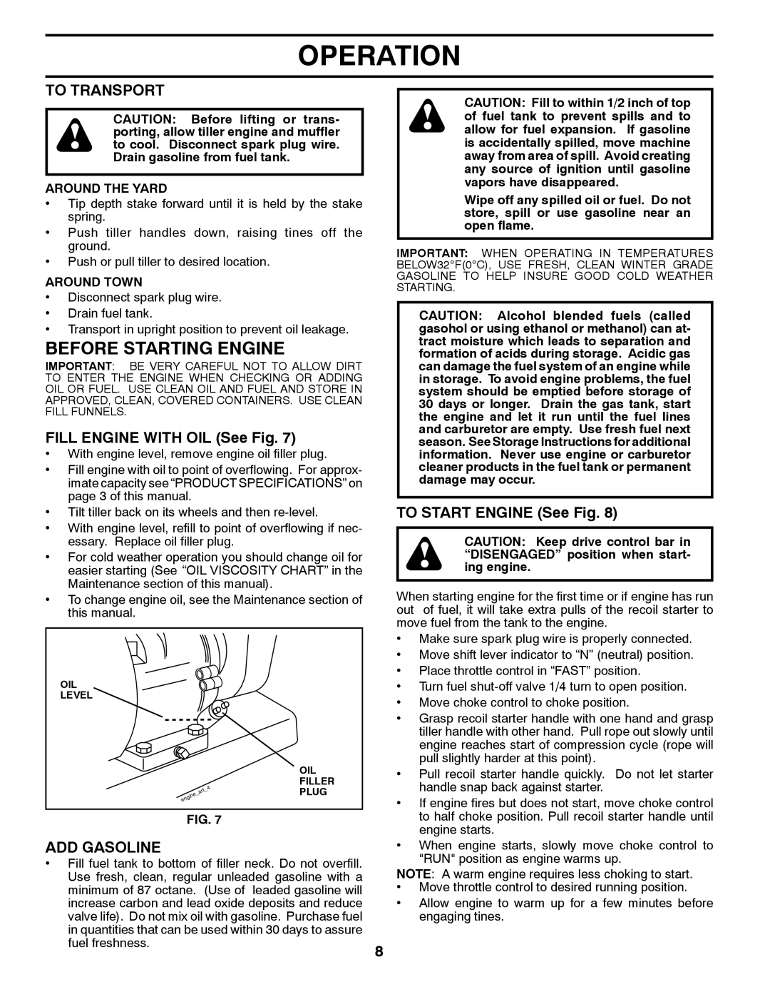 McCulloch MFT55 Before Starting Engine, To Transport, Fill Engine with OIL See Fig, ADD Gasoline, To Start Engine See Fig 