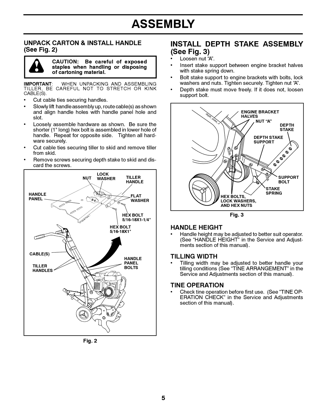 McCulloch 96081000900, MHDF800 manual Unpack Carton & Install Handle See Fig, Handle Height, Tilling Width, Tine Operation 