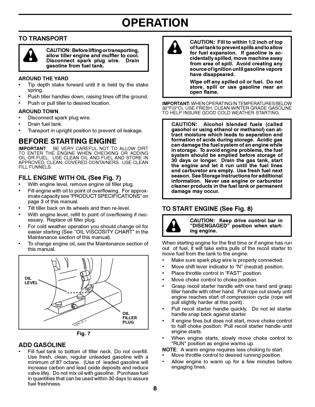 McCulloch 96081000900, MHDF800 manual Before Starting Engine, To Transport, Fill Engine with OIL See Fig, ADD Gasoline 