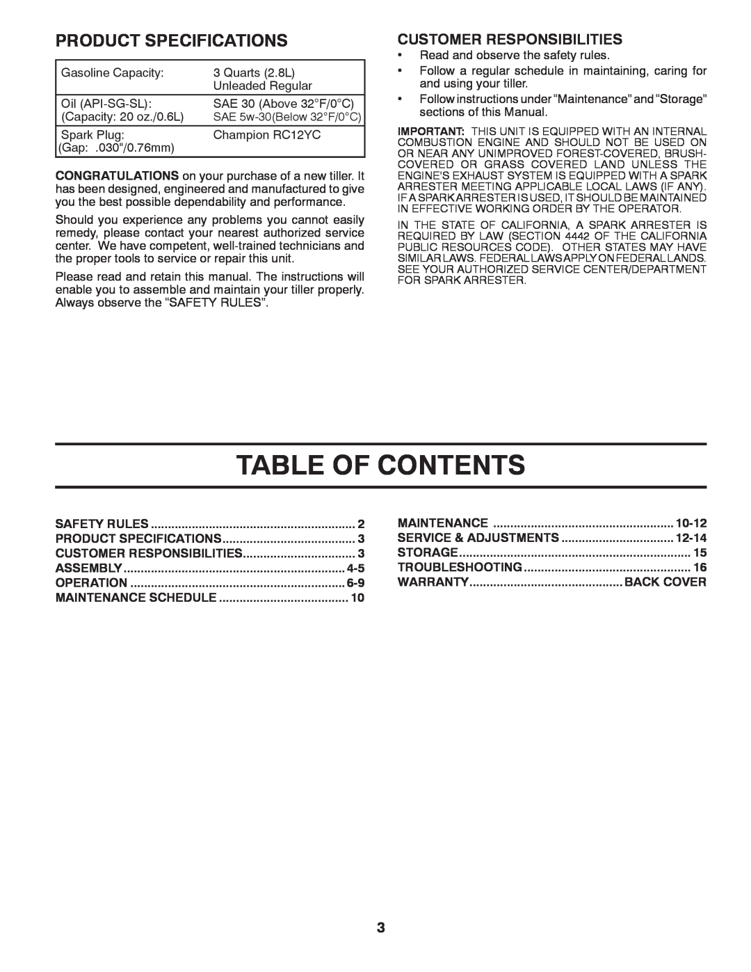 McCulloch MHDF800 manual Table Of Contents, Product Specifications, Customer Responsibilities, 10-12, 12-14, Back Cover 