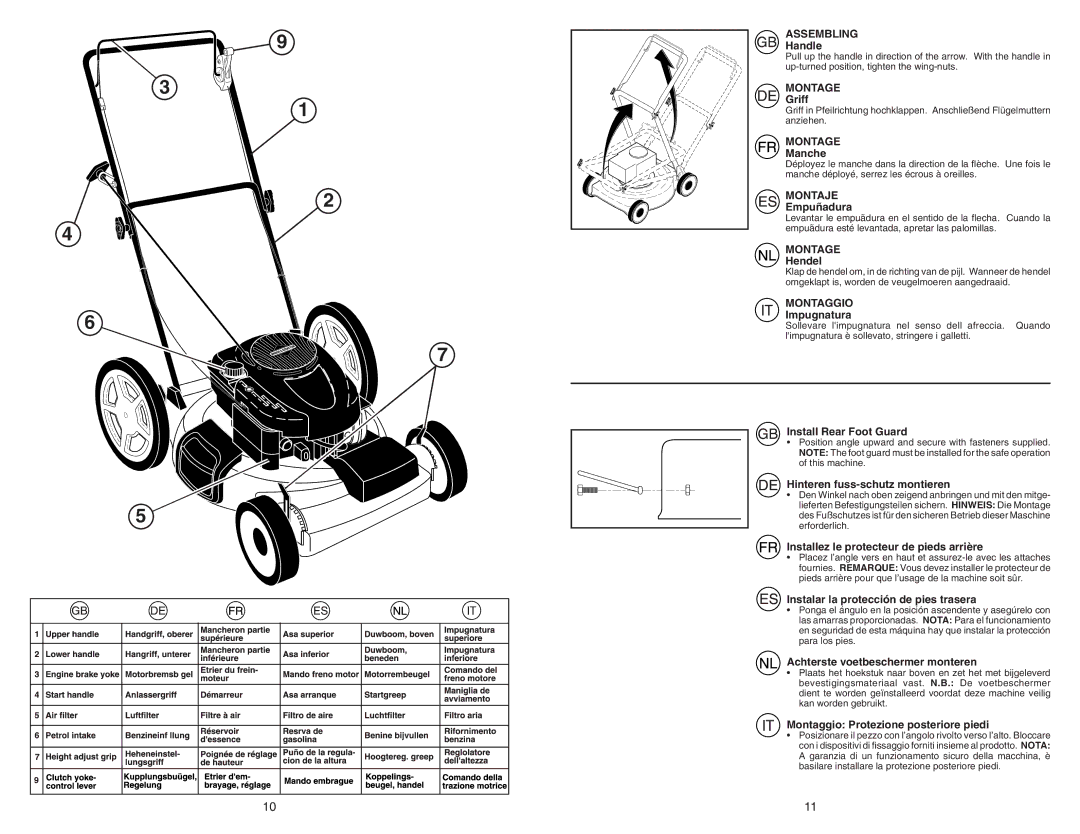 McCulloch MM6556SMD instruction manual Handle, Griff, Manche, Empuñadura, Hendel, Impugnatura, Install Rear Foot Guard 