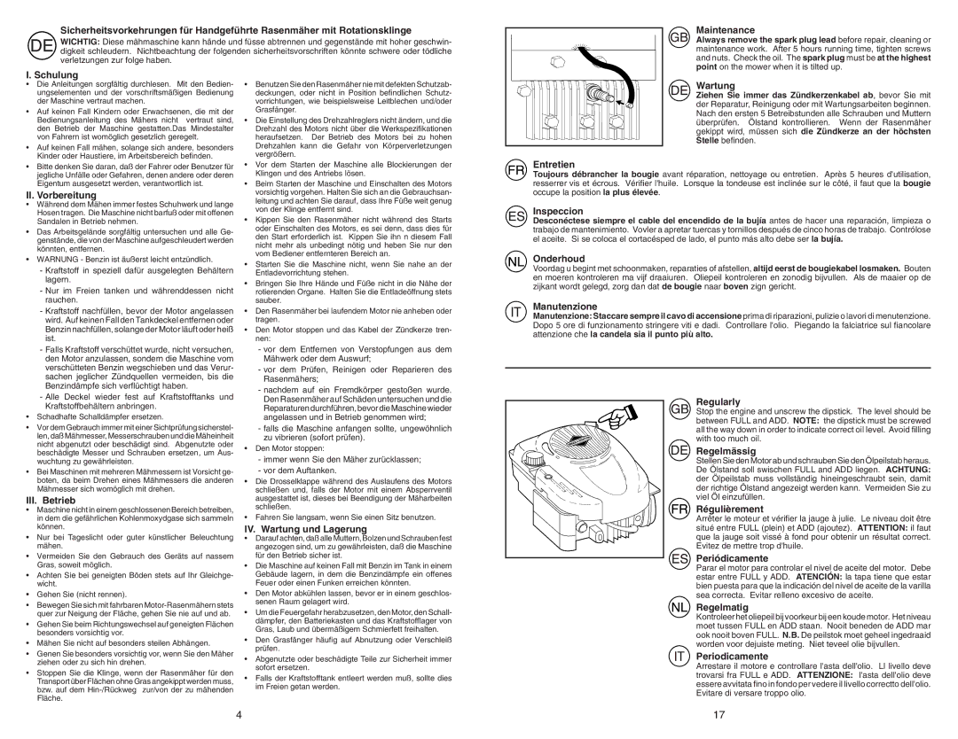 McCulloch MM6556SMD Maintenance, Schulung, II. Vorbereitung, III. Betrieb, IV. Wartung und Lagerung, Inspeccion, Onderhoud 