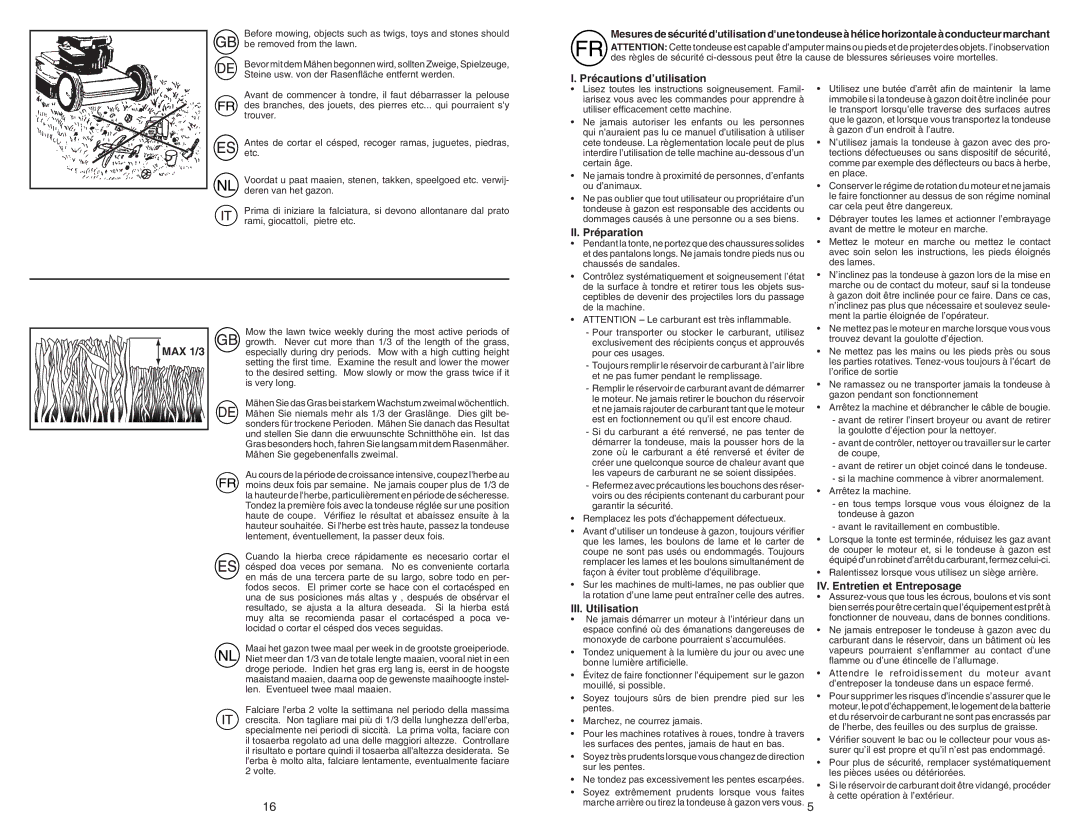 McCulloch MM6556SMD MAX 1/3, Précautions d’utilisation, II. Préparation, III. Utilisation, IV. Entretien et Entreposage 