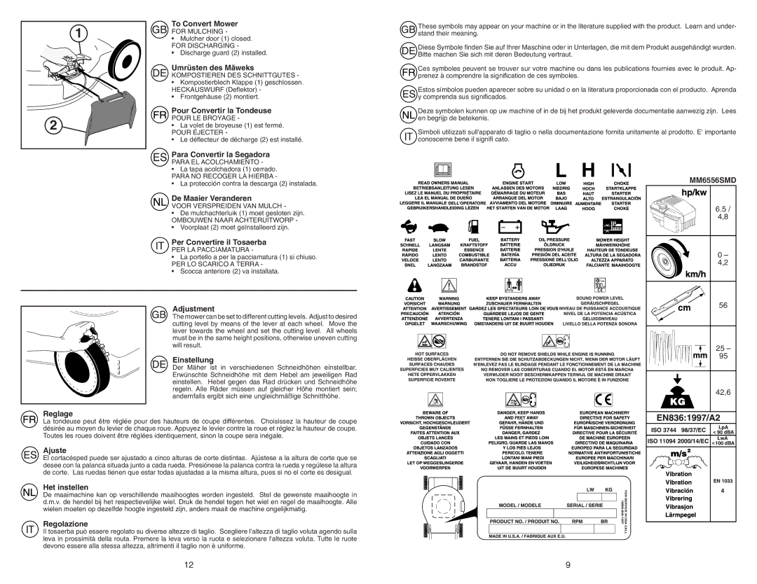 McCulloch MM6556SMD To Convert Mower, Umrüsten des Mäweks, Pour Convertir la Tondeuse, Para Convertir la Segadora, Ajuste 