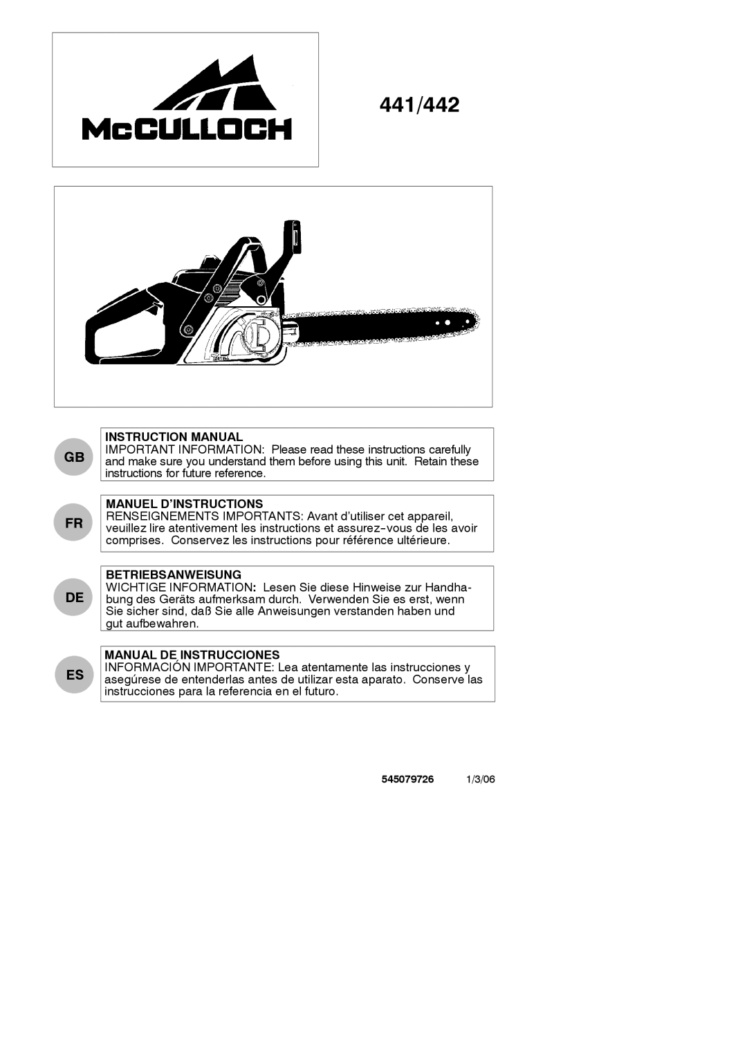 McCulloch 952801946, MOEX2006, 545079726 instruction manual 441/442 