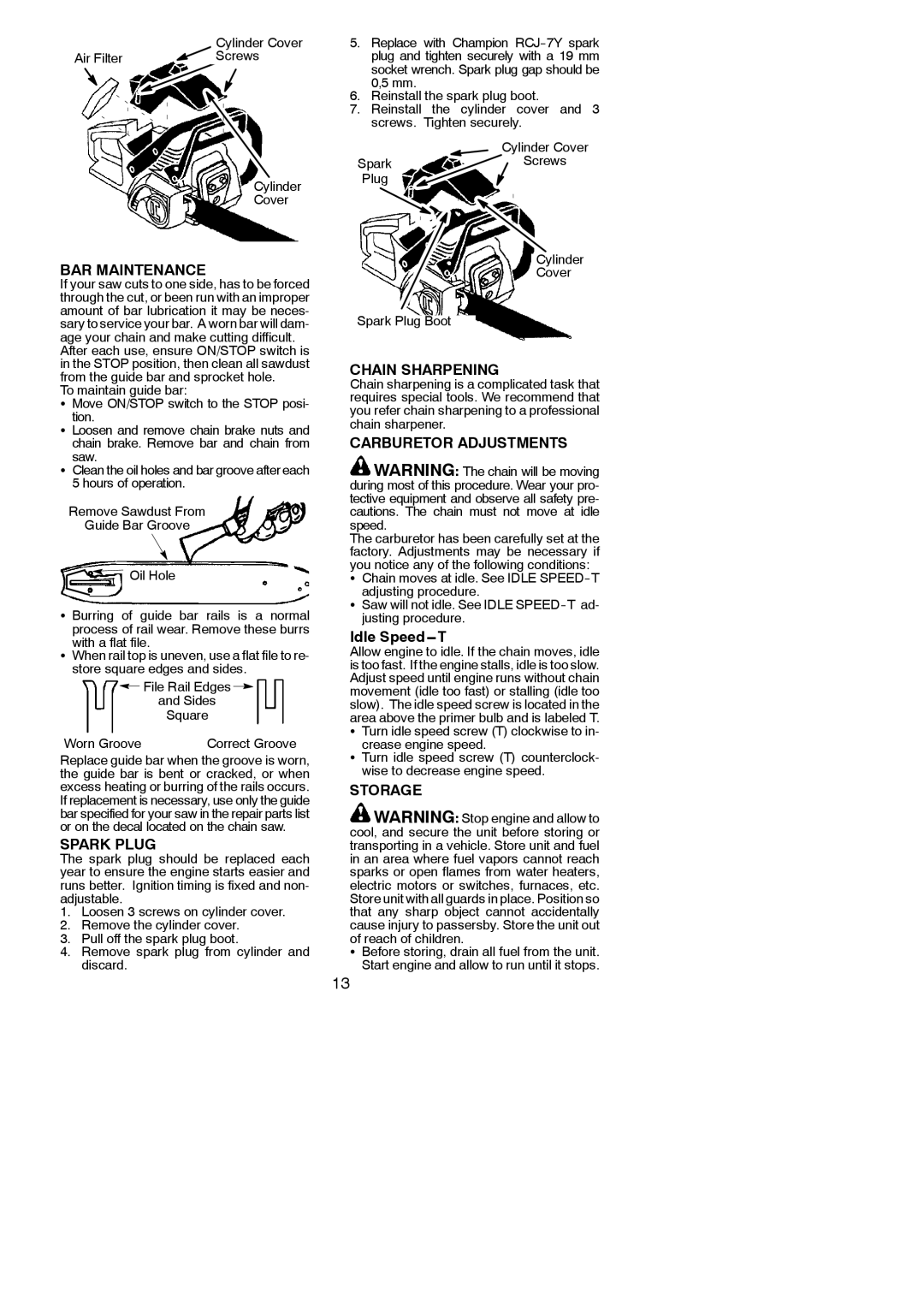 McCulloch 442, MOEX2006, 952801946, 545079726, 441 Chain Sharpening, Carburetor Adjustments, Idle Speed---T, Storage 