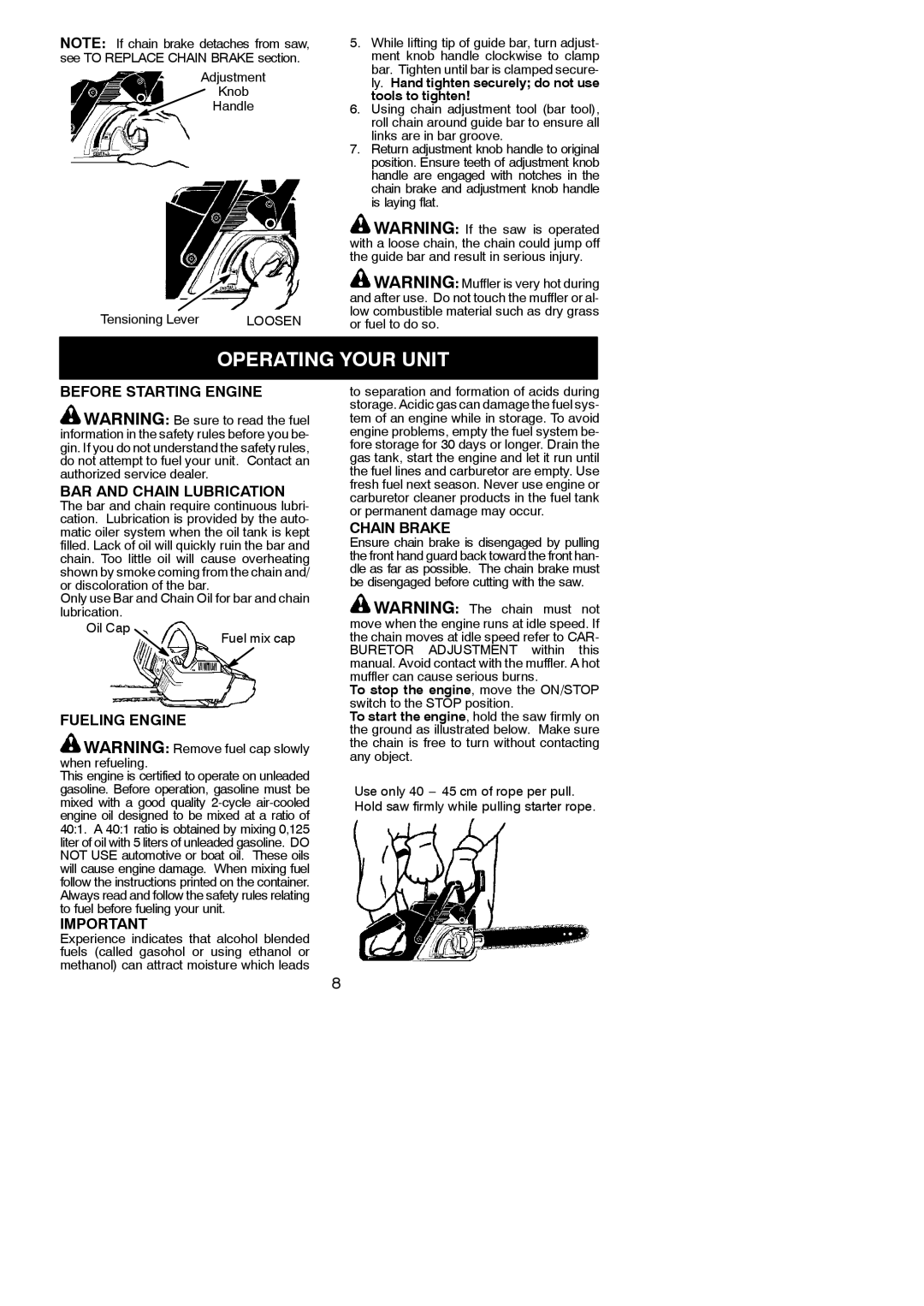 McCulloch 442, MOEX2006, 952801946, 545079726, 441 Operating Your Unit, Adjustment Knob Handle Tensioning Lever 