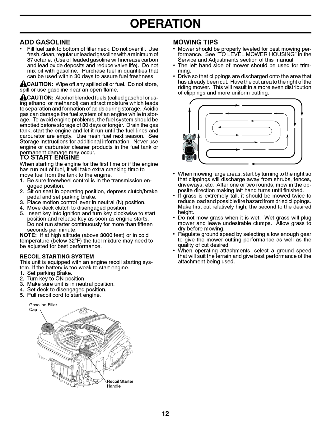 McCulloch MOWCART 66, 96021000900, 532 43 67-90 manual ADD Gasoline, To Start Engine, Mowing Tips, Recoil Starting System 