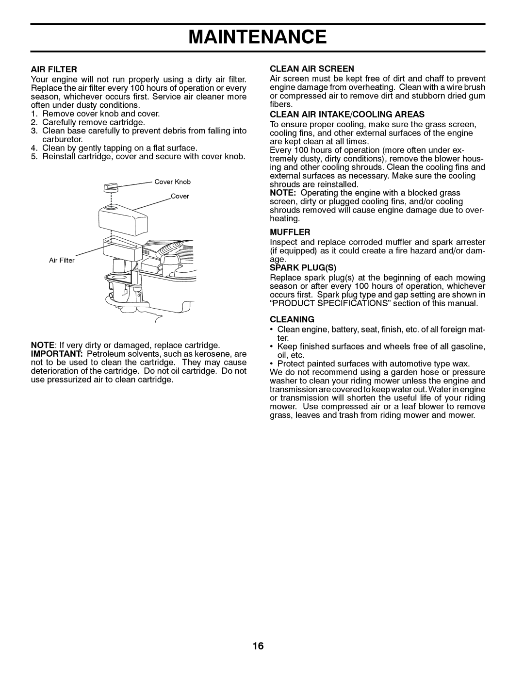 McCulloch 96021000900 manual AIR Filter, Clean AIR Screen, Clean AIR INTAKE/COOLING Areas, Muffler, Spark Plugs, Cleaning 