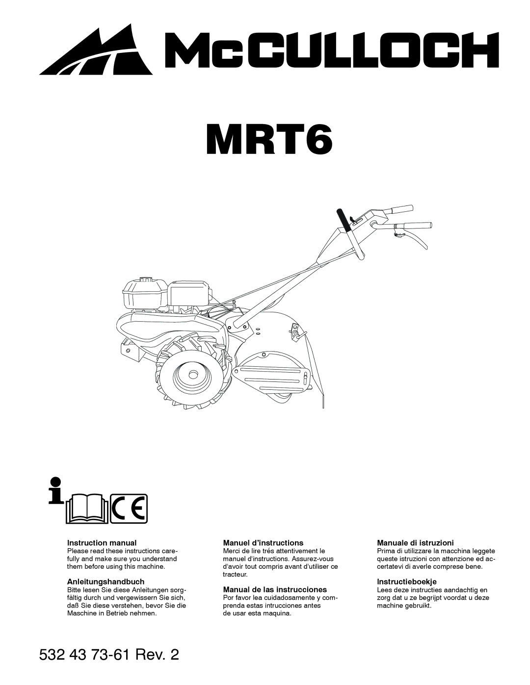 McCulloch MRT6 instruction manual Anleitungshandbuch, Manuel d’instructions, Manual de las instrucciones, Instructieboekje 