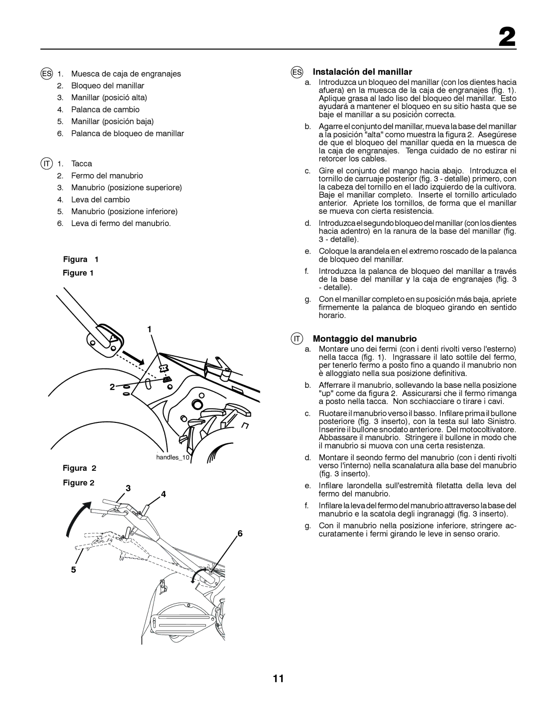 McCulloch MRT6 instruction manual Instalación del manillar, Montaggio del manubrio 