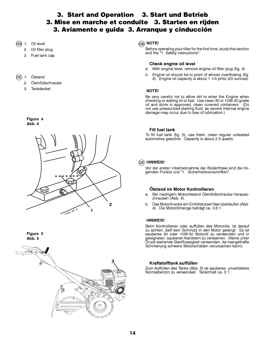 McCulloch MRT6 Check engine oil level, Fill fuel tank, Ölstand im Motor Kontrollieren, Kraftstofftank auffüllen, Hinweis 