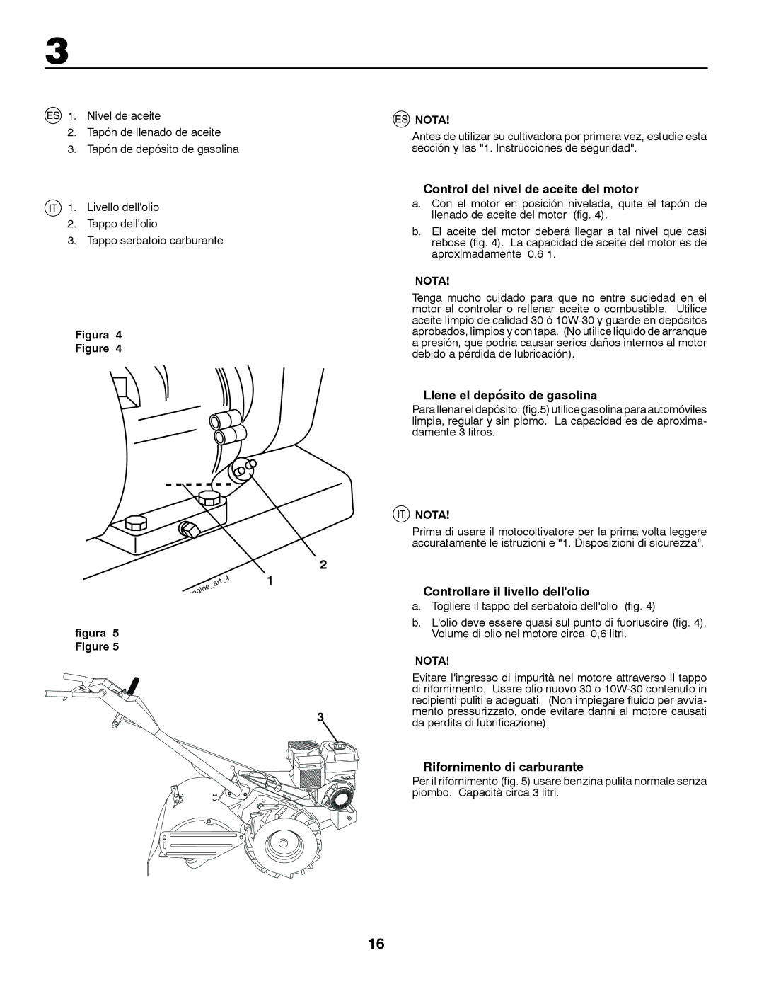 McCulloch MRT6 Control del nivel de aceite del motor, Llene el depósito de gasolina, Controllare il livello dellolio, Nota 