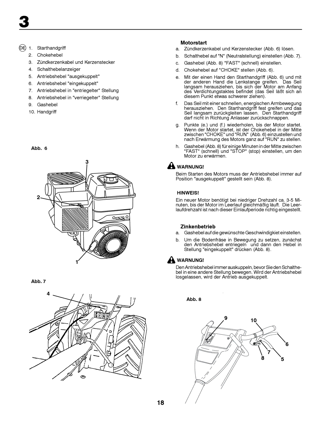 McCulloch MRT6 instruction manual Motorstart, Zinkenbetrieb, Warnung 