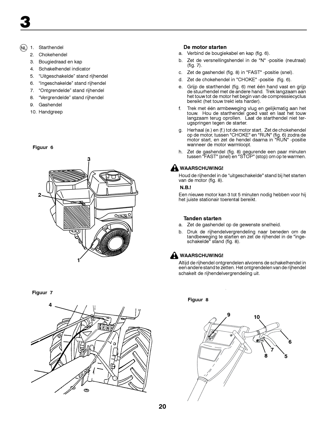 McCulloch MRT6 instruction manual De motor starten, Tanden starten, Waarschuwing 