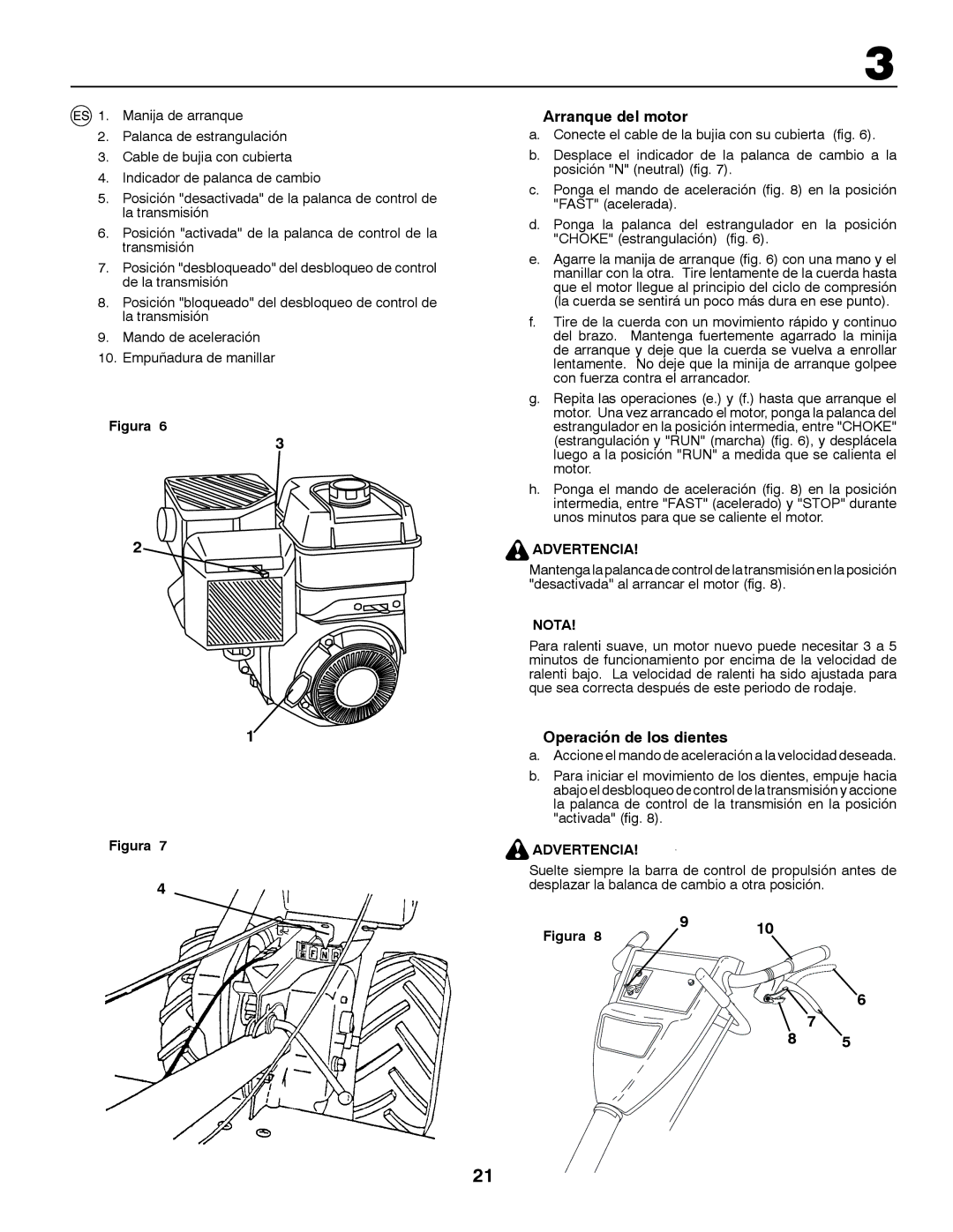 McCulloch MRT6 instruction manual Arranque del motor, Operación de los dientes, Advertencia 