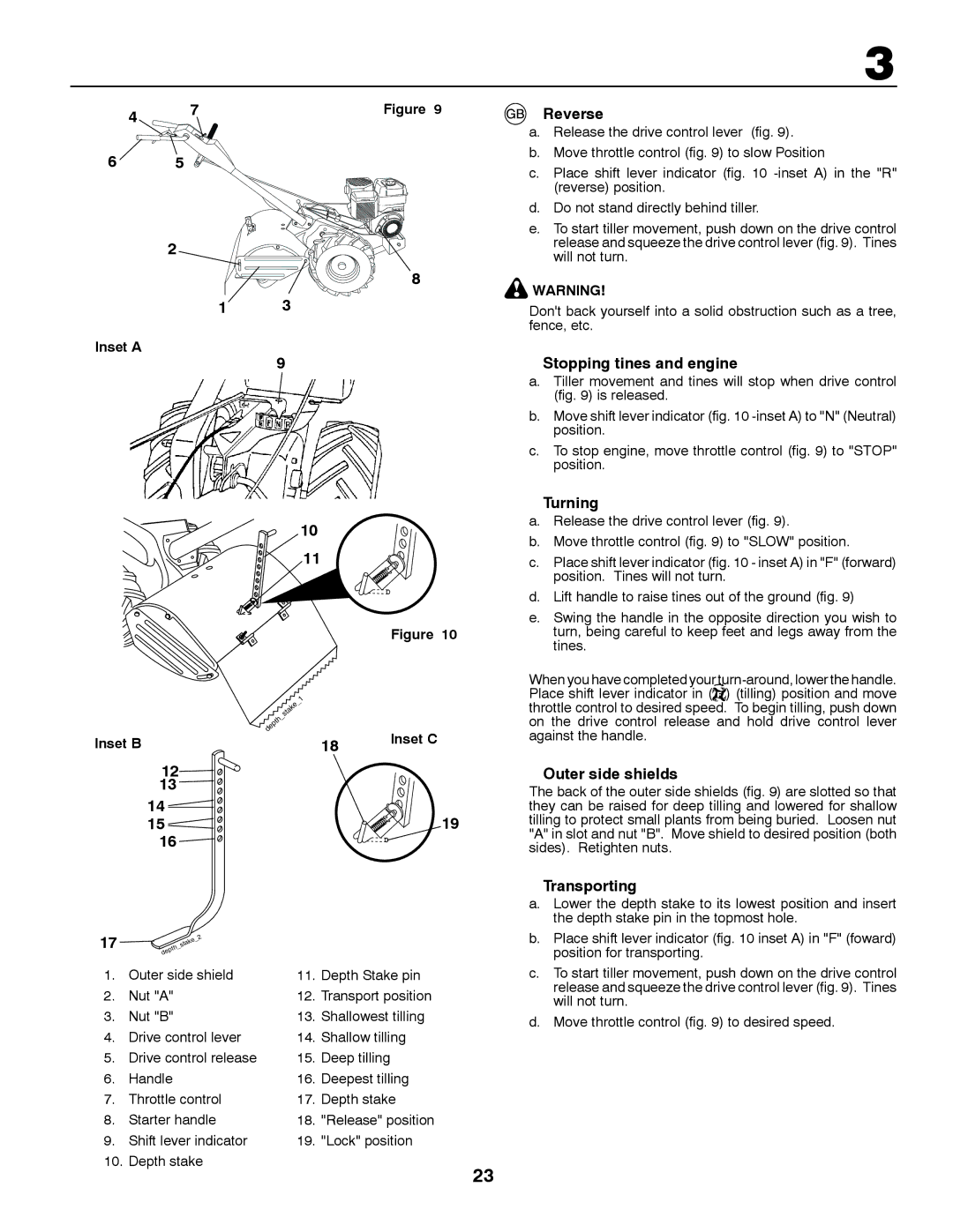 McCulloch MRT6 instruction manual Reverse, Stopping tines and engine, Turning, Outer side shields, Transporting 