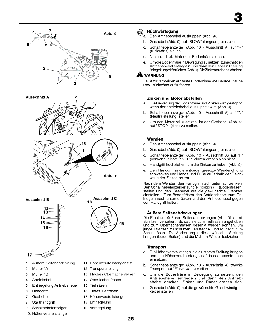 McCulloch MRT6 instruction manual Rückwärtsgang, Zinken und Motor abstellen, Wenden, Äußere Seitenabdeckungen, Transport 