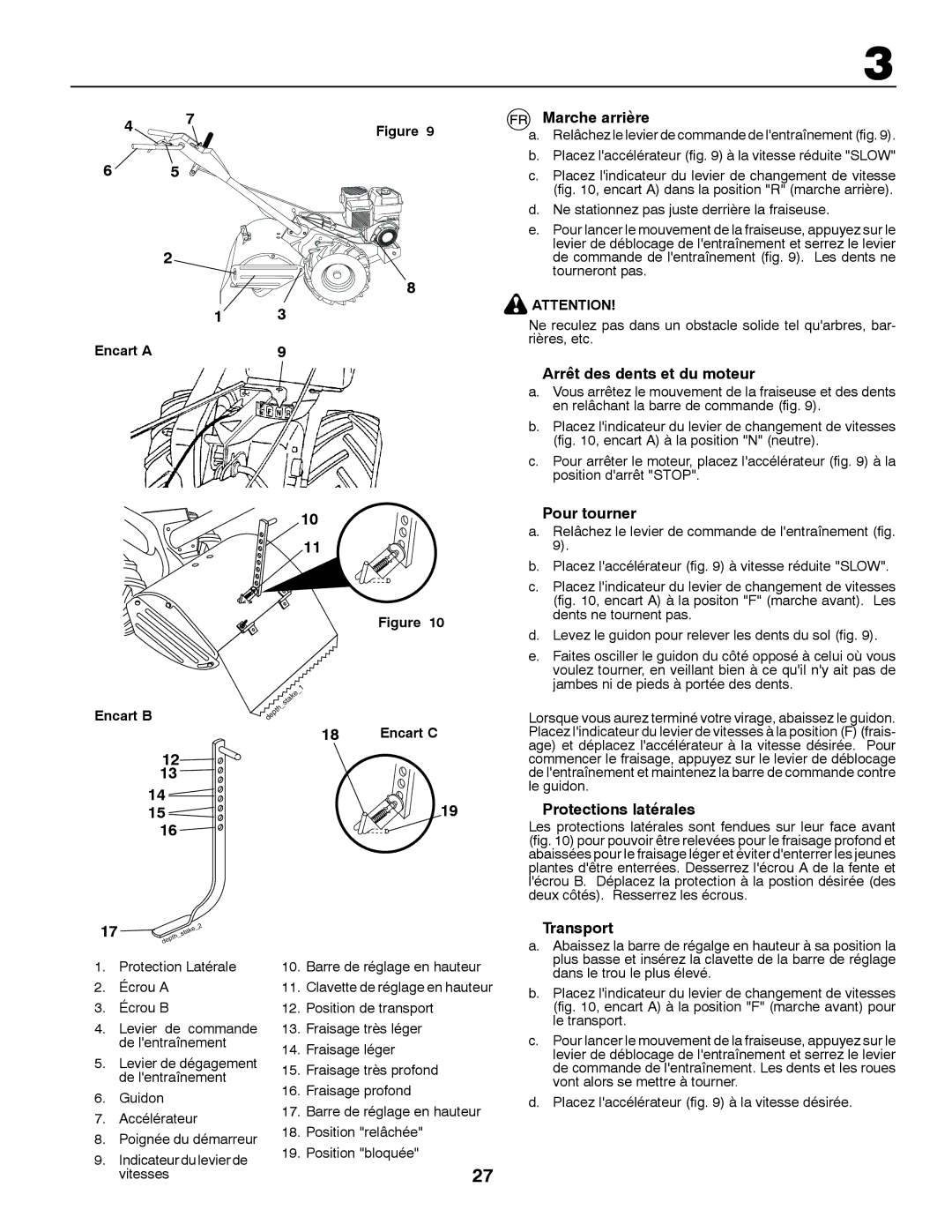 McCulloch MRT6 instruction manual Marche arrière, Arrêt des dents et du moteur, Pour tourner, Protections latérales 