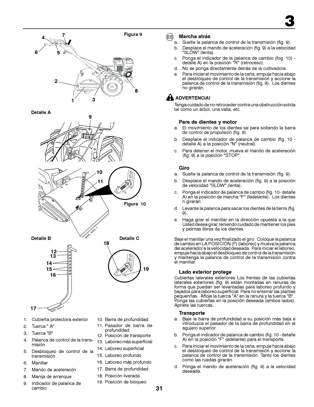 McCulloch MRT6 instruction manual Marcha atrás, Pare de dientes y motor, Giro, Lado exterior protege, Transporte 