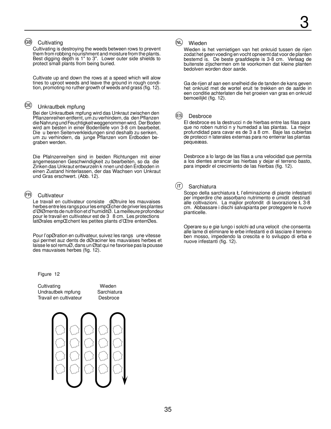 McCulloch MRT6 instruction manual Cultivating, Unkrautbekämpfung, Cultivateur, Wieden, Desbroce, Sarchiatura 