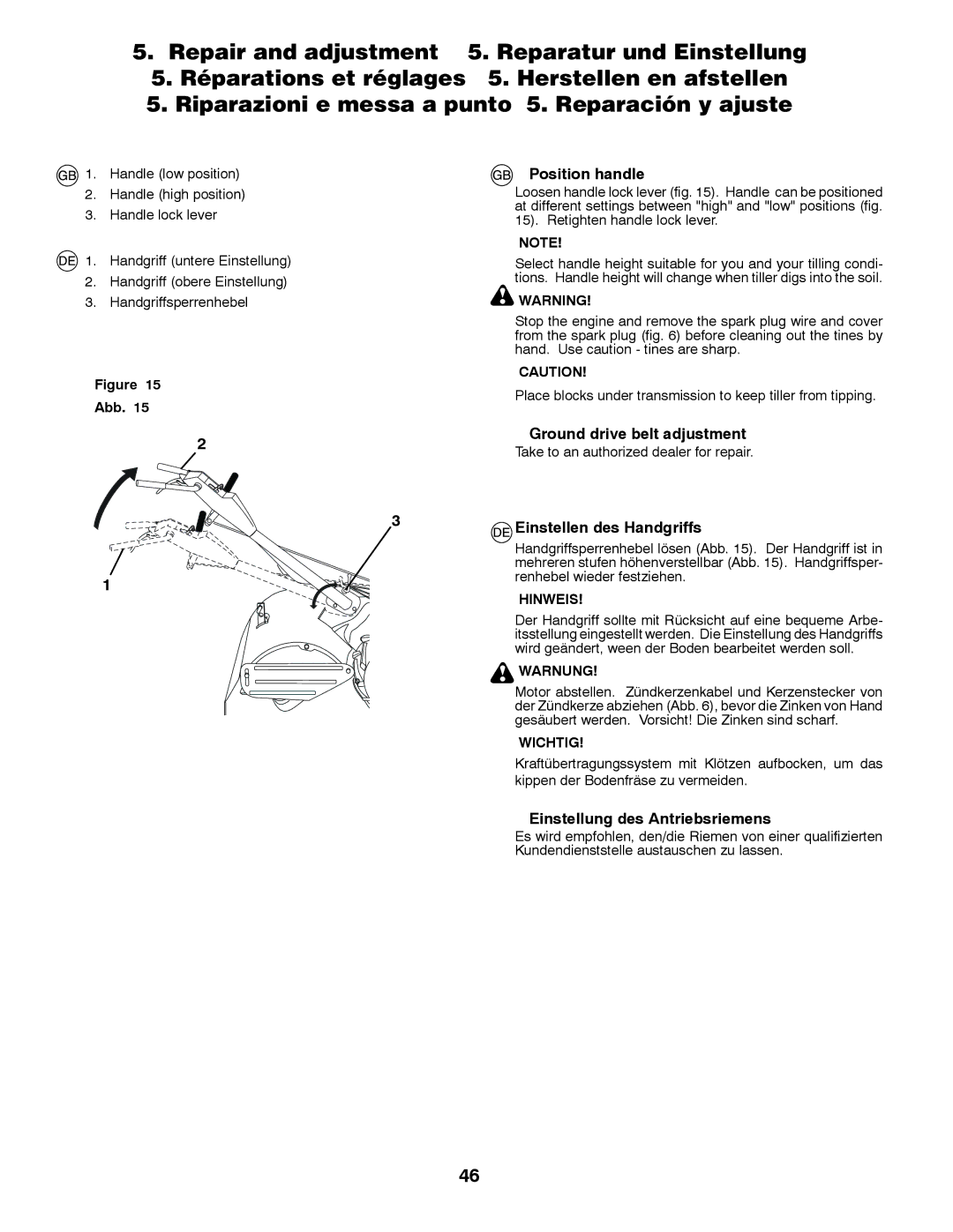 McCulloch MRT6 Position handle, Ground drive belt adjustment, Einstellen des Handgriffs, Einstellung des Antriebsriemens 