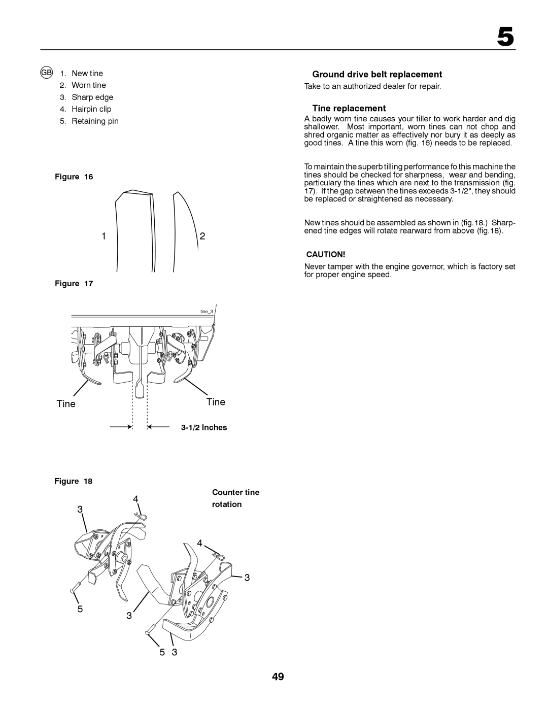 McCulloch MRT6 Ground drive belt replacement, Tine replacement, New tine Worn tine Sharp edge Hairpin clip Retaining pin 