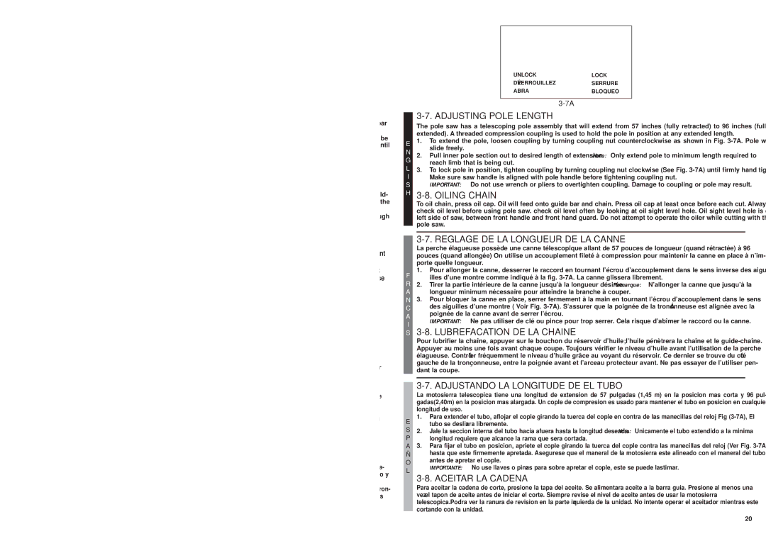 McCulloch MS0815P user manual Assembly of Pole SAW, Ensamble DE LA Motosierra Telescopica 