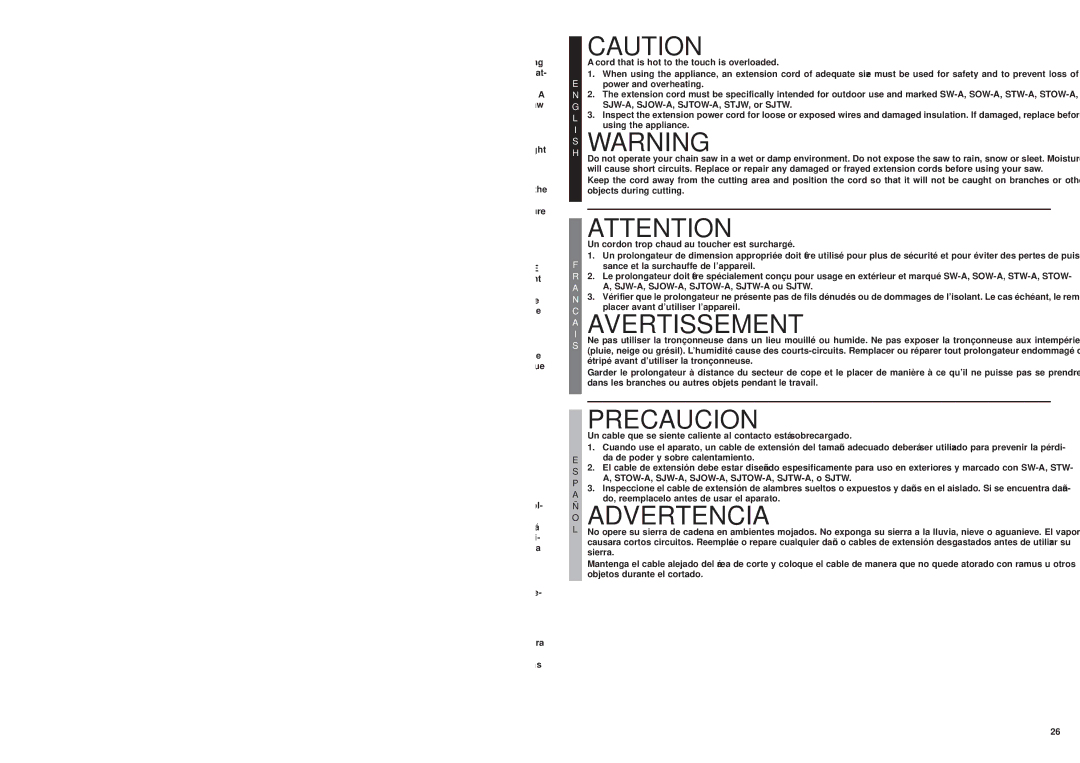 McCulloch MS0815P user manual Aavertissement / Attentionn, Advertencia / Precaucion 