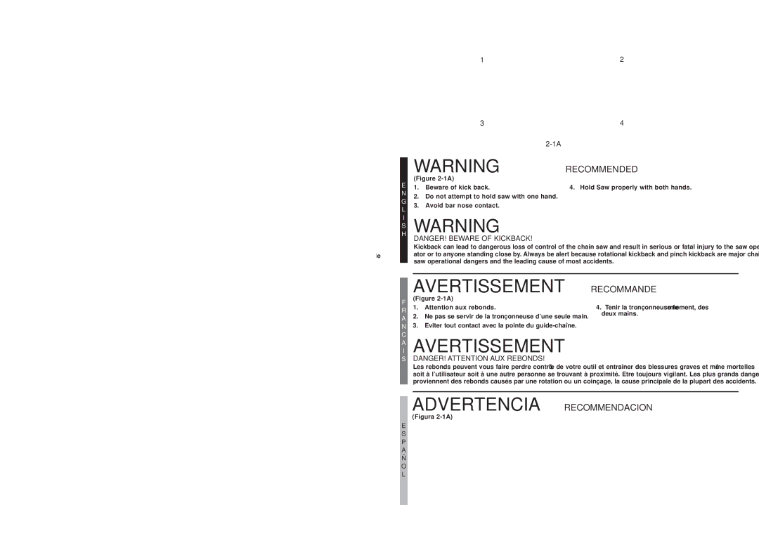 McCulloch MS0815P user manual Avertissement Recommande, AI Avertissement, Advertencia, Recommendacion 