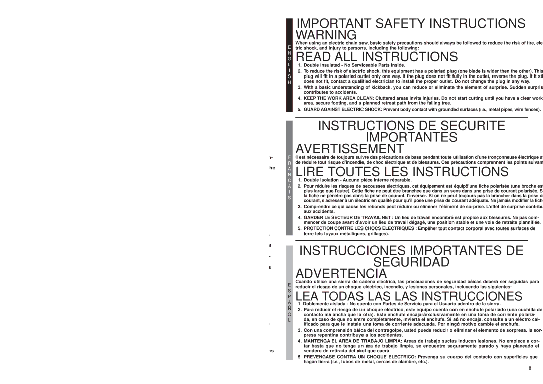 McCulloch MS0815P Important Safety Instructions Warning, Read ALL Instructions, Lire Toutes LES Instructions, Seguridad 