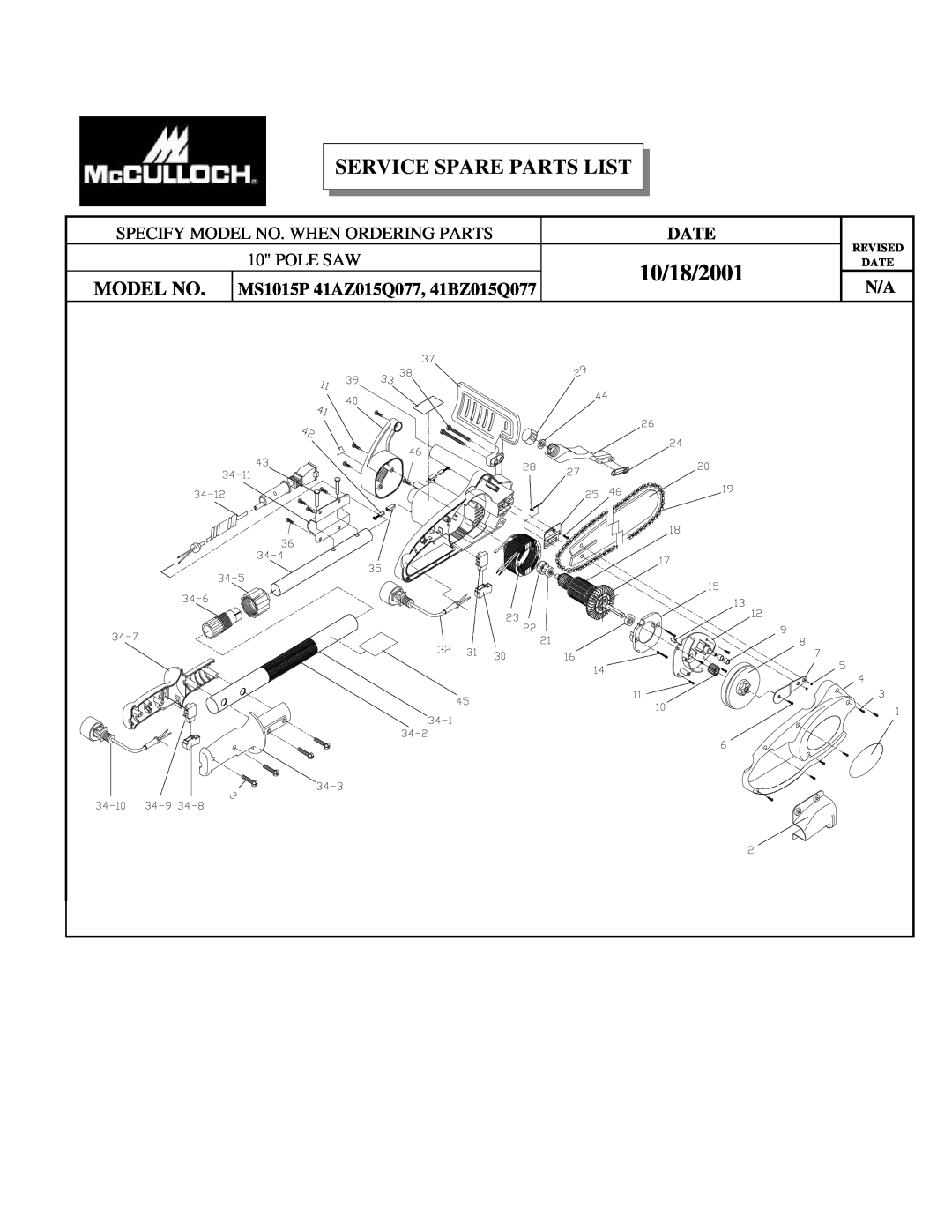 McCulloch manual 10/18/2001, Service Spare Parts List, Model No, Pole Saw, MS1015P 41AZ015Q077, 41BZ015Q077, Date 